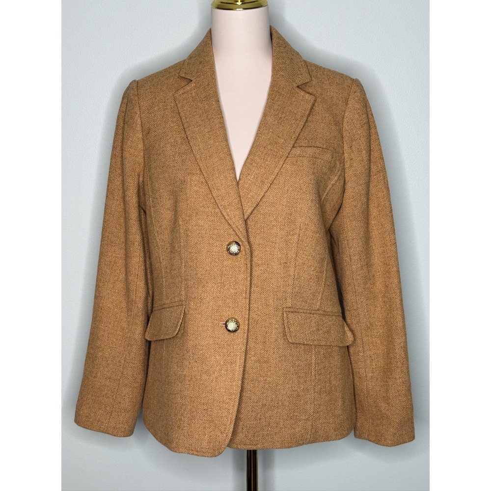 Talbots Camel Herringbone Wool Blend Blazer Gold Crest Buttons Size 10